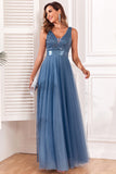 Sparkly Blue A-Line V-Neck Wedding Guest Dress