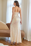 Apricot Spaghetti Straps Mermaid Sequins Prom Dress with Slit