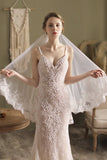 White Tulle Two-Tier Comb Fingertip Bridal Veil with Lace