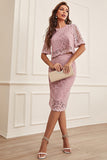 Blush 2 Piece Midi Lace Wedding Guest Dress With Short Sleeves