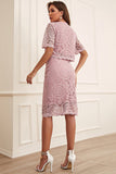 Blush 2 Piece Midi Lace Wedding Guest Dress With Short Sleeves