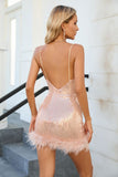 Blush Bodycon Spaghetti Straps V-Neck Sequin Stitching Cocktail Dress with Feather