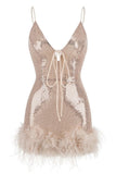 Blush Bodycon Spaghetti Straps V-Neck Sequin Stitching Cocktail Dress with Feather
