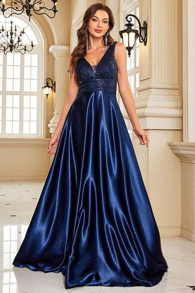 WEDTREND Women Sparkly Navy Prom Dress Satin A-Line V-Neck Formal Dress  with Sequins