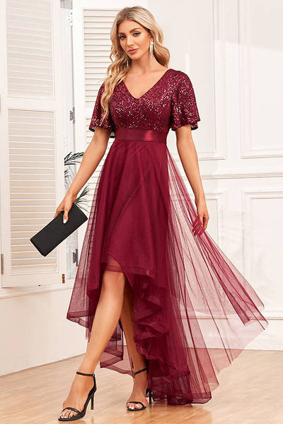 WEDTREND Women Burgundy Prom Dress A-Line High-Low Formal Dress with Sequins