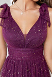 Purple A-Line V-Neck Sequins Floor-Length Dress With Sleeveless