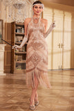 Champagne Glitter Halter Fringes Flapper Dress with Sleeveless