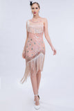 Sparkly Blush Asymmetrical Sequins Fringe Gatsby Dress with Accessories Set
