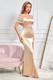 Champagne Mermaid Off The Shoulder Long Prom Dress with Slit