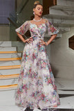 White Printed A Line Puff Sleeves Wedding Guest Dress With Half Sleeves