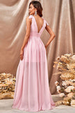 Pink A-Line Pleated Long Wedding Guest Dress with Slit