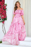 Pink A-Line Off The Shoulder Long Prom Dress with Puff Sleeves