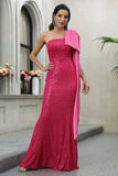 Fuchsia Mermaid Sequins Long Prom Dress with Bowknot