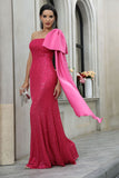 Fuchsia Mermaid Sequins Long Prom Dress with Bowknot