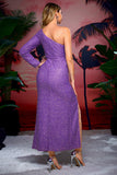 Purple Sequins One Shoulder Long Prom Dress with Fringes