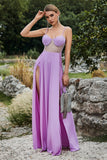 Purple Spaghetti Straps Long Prom Dress with Slit
