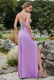 Purple Spaghetti Straps Long Prom Dress with Slit