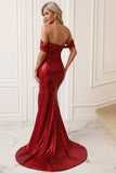Sparkly Red Mermaid Off The Shoulder Long Prom Dress with Slit