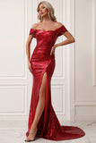 Sparkly Red Mermaid Off The Shoulder Long Prom Dress with Slit