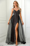 Black Spaghetti Straps Sparkly Sequins Prom Dress with Slit