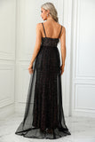 Black Spaghetti Straps Sparkly Sequins Prom Dress with Slit