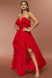 Red A Line Strapless Long Prom Dress with Ruffles