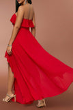 Red A Line Strapless Long Prom Dress with Ruffles