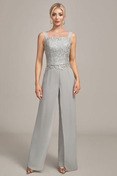 Wedtrend Women Silver Chiffon Pant and Lace Mother of The Bride