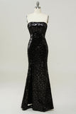 Black Mermaid Strapless Sequined Mermaid Long Prom Dress