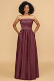 A Line Strapless Satin Floor Length Bridesmaid Dress with Pockets