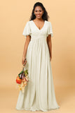 A Line V Neck Short Sleeves Chiffon Long Bridesmaid Dress