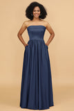 A Line Strapless Satin Floor Length Bridesmaid Dress with Pockets