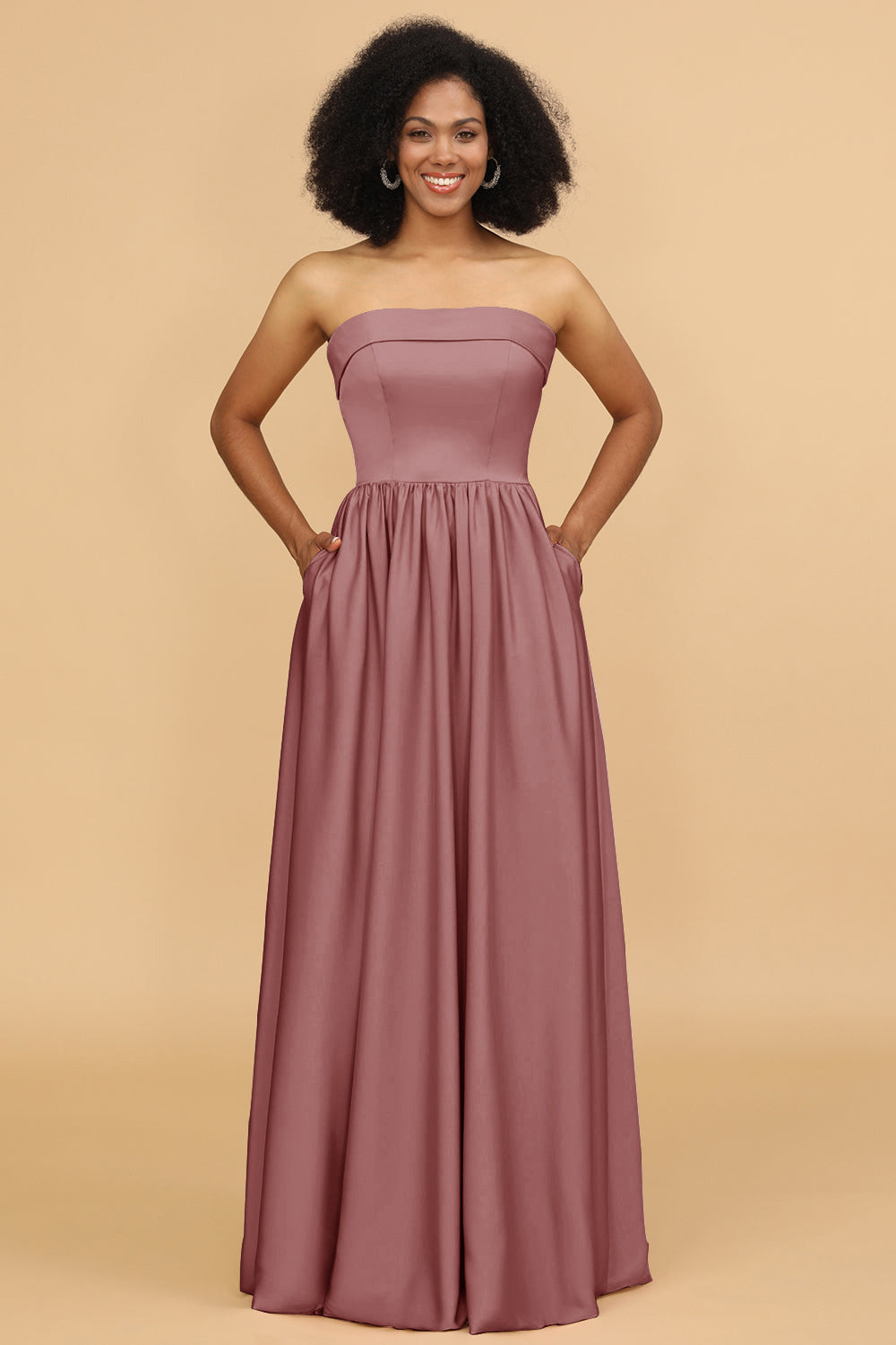 A Line Strapless Satin Floor Length Bridesmaid Dress with Pockets