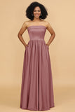 A Line Strapless Satin Floor Length Bridesmaid Dress with Pockets