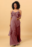 A Line Spaghetti Straps Long Chiffon Bridesmaid Dress with Ruffles
