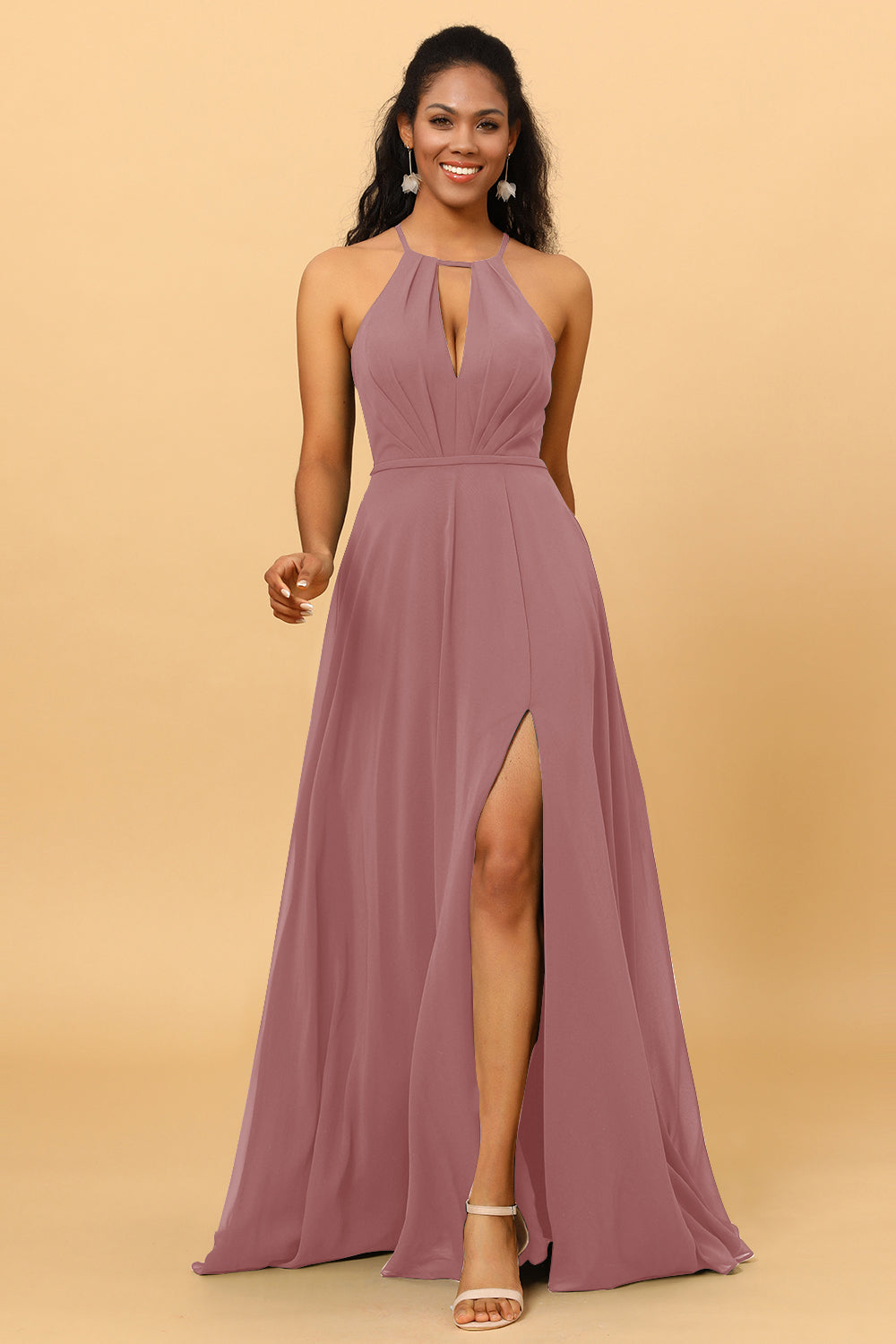 A Line Halter Open Back Long Chiffon Bridesmaid Dress With Slit