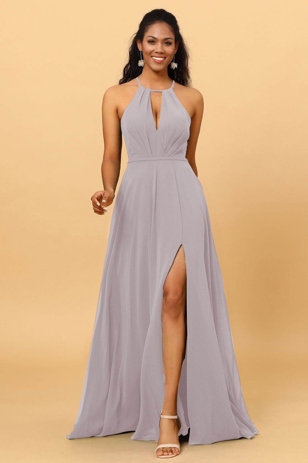 A Line Halter Open Back Long Chiffon Bridesmaid Dress With Slit