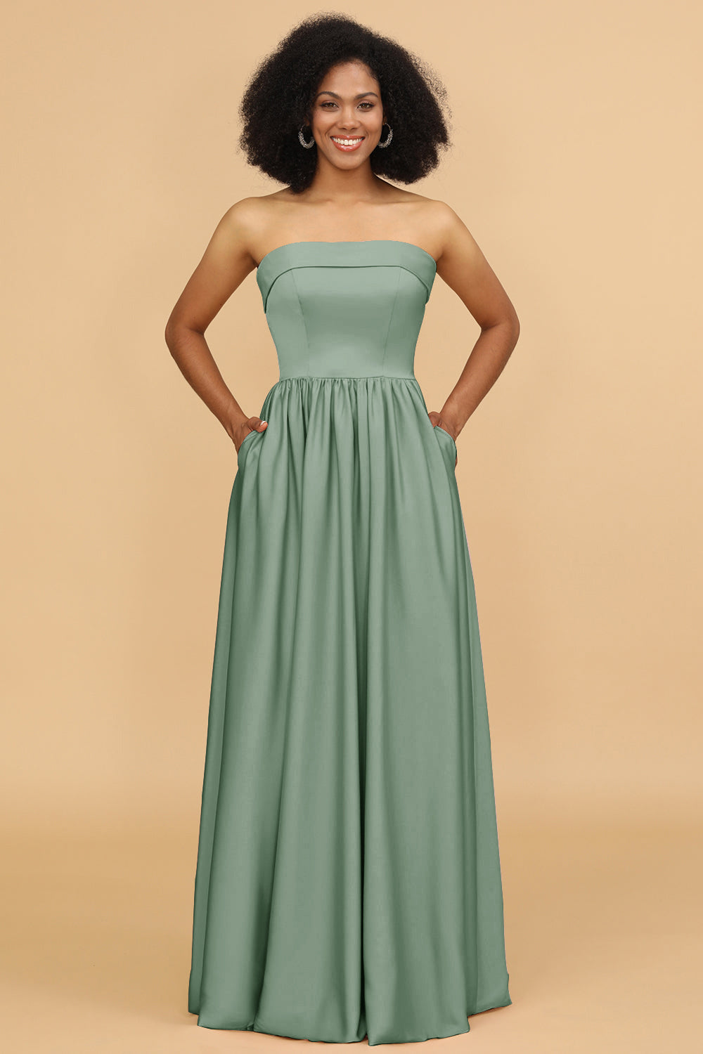 A Line Strapless Satin Floor Length Bridesmaid Dress with Pockets