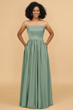 A Line Strapless Satin Floor Length Bridesmaid Dress with Pockets