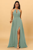 A Line Halter Open Back Long Chiffon Bridesmaid Dress With Slit