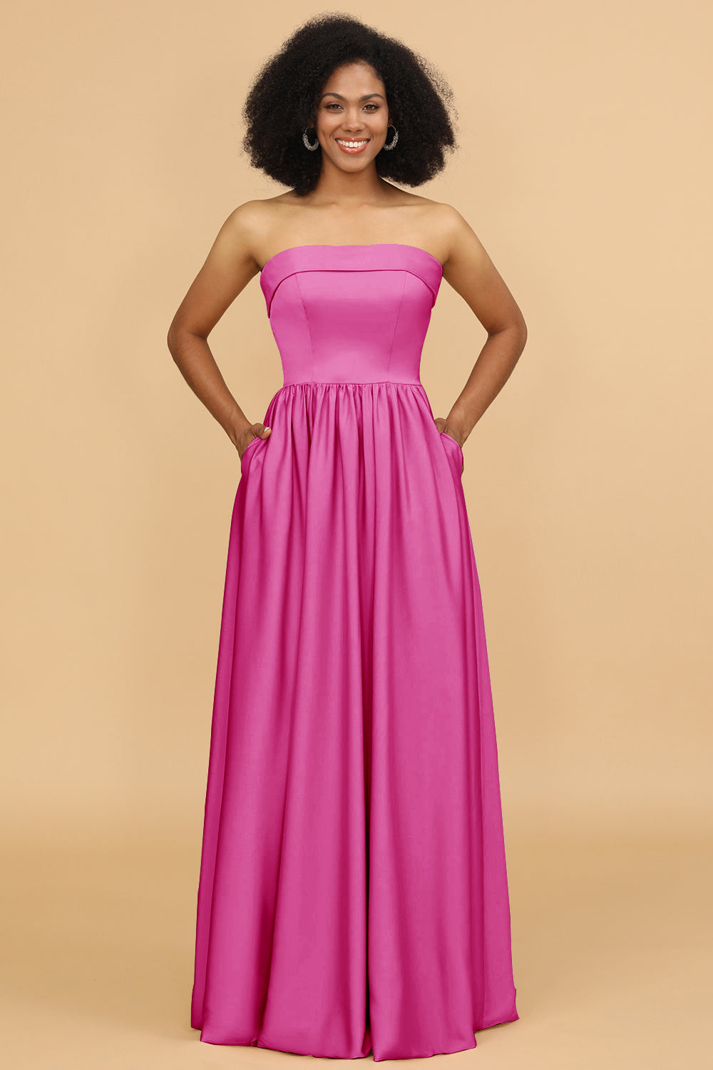 A Line Strapless Satin Floor Length Bridesmaid Dress with Pockets