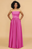 A Line Strapless Satin Floor Length Bridesmaid Dress with Pockets