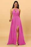 A Line Halter Open Back Long Chiffon Bridesmaid Dress With Slit