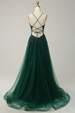 A Line Spaghetti Straps Long Dark Green Prom Dress with Criss Cross Back