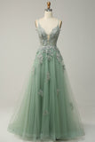 Green A Line Spaghetti Straps Long Prom Dress with Criss Cross Back