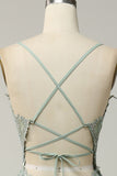 Green A Line Spaghetti Straps Long Prom Dress with Criss Cross Back