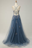 Grey Blue A Line Spaghetti Straps Long Prom Dress with Criss Cross Back