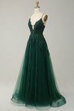 A Line Spaghetti Straps Long Dark Green Prom Dress with Criss Cross Back