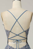 Grey Blue A Line Spaghetti Straps Long Prom Dress with Criss Cross Back