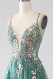 Sparkly Green A-Line Spaghetti Straps Long Prom Dress With Sequin Appliques